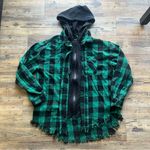 Risen Womens Frayed Hem Flannel Full Zip Hoodie Black/Green Streetwear Size Md Green Size M Photo 0