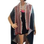 Marc New York Blue Long Line Aztec Blanket Open Front Sweater Fringe Shaw Photo 4