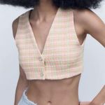 ZARA Pink & Green Tweed V Neck V Back Rhinestone Buttons Cropped Vest Sz XXL Photo 0
