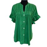 SheIn Kelly Green Button Front Blouse Ruched Ruffle Sleeve  Size Large Photo 3