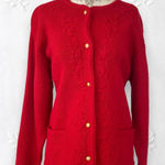 Chunky Vintage Bright Red Flower Floral Embroidered Knit Button Up Cardigan M Size M Photo 0