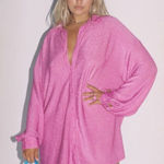 Princess Polly  Evolving Button Down Shirt Mini Dress in Pink Shimmer Size 8 Photo 0