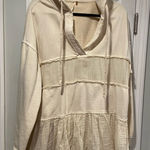 Free People Size L Cream Oversized Hoodie Boho Mixed Fabric Raw Hem Pullover Photo 0