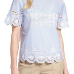 Gianni Bini  Cotton Eyelet Blouse in Blue & White Stripe Size L Photo 0