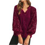 Umgee Velvet Sequin Sleeve Top Size Womens M Blouse Burgundy Party Holiday Photo 1