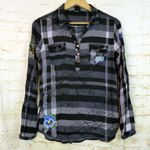 Desigual Shirt Women L Black Gray Striped Floral Embroidery Laura Illa Popover Photo 1
