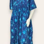 Vintage Muumuu Dress Blue Floral Relaxed Fit Pockets Buttons Gathered Shoulders Size L Photo 0