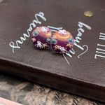 Vintage 1970s Purple Floral Glass Cabochon Earrings Stainless Steel Photo 3