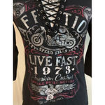 Affliction Fire Water  Women's  Bird Of Prey Black Silver Foil Design Tee Medium Photo 6