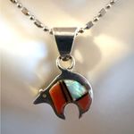 Native American Inlay Opal Sterling Silver Reversible Bear Pendant Necklace Photo 1