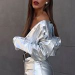 ZARA Z1975 STRAIGHT-CUT HIGH-WAIST METALLIC JEANS SILVER CROP SIZE 2 NEW Photo 7