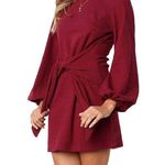 NEW Lantern Sleeve Short Dress Crewneck Tie Waist Knit S Red Photo 1