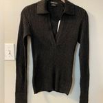 prAna  Milani Polo v-neck ribbed sweater in charcoal grey. Stretch, slim fit med. Photo 0