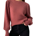 1. State  Sweater Womens Size XL Speckled Puff Sleeve Cozy Knit Mauve Brown Photo 0