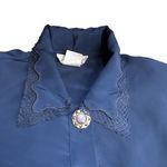 Vintage Kathy Che Size 10 Button Up Satin Blouse Dark Blue Embroidered Lace Photo 4