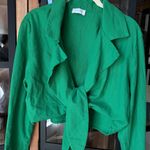 Meshki  kelly green linen tie front crop top collar top vneck knot blouse Photo 3