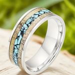 Men’s 8mm Stainless Steel Silver Deer Horn w/ Crushed Turquoise Inlay Band S 13 Photo 0