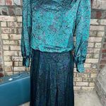 Roxy dress blouson vintage satin mock neck pleated skirt teal green fuchsia pink Photo 0