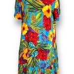 Vintage 90s Mini Dress Blue Red Tropical Floral Print Drop Waist Ruffle Hem Yellow Size M Photo 0