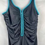 Women’s Black Turquoise Zip One Piece Skirt Swimsuit 14W Photo 1