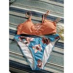 Amazon SHEKINI Floral Print Swim Bottom Cutout Spaghetti Strap Top 2 Piece Coral Sz XL Photo 0