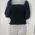 Leith  Womens Cropped Shirred Black Short Balloon Sleeve Pullover Top SZ 1X NWOT Photo 1