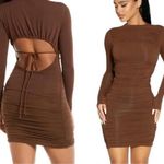 Naked Wardrobe Ruched Long Sleeve Open Back Mini Dress - Brown Size M Photo 1
