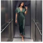 ZARA NWT Green Satin Slip Midi Dress Sz Large Short Sleeve Cocktail Quiet Luxury Photo 2