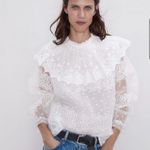 ZARA  Sheer Lace Victorian Blouse White High Neck Ruffle Collar Size M‎ Photo 3