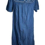 Go Softly Patio Blue Embroidered Denim Dress Small Zip Front Short Sleeves Photo 0