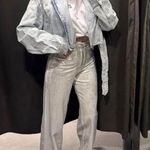 ZARA TRF MID WAIST LOOSE LONG WIDE LEG FOIL LONG JEANS SILVER/White NEW Photo 2