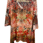 One World  Blouse Women's Size 2X‎ Tunic 3/4 Sleeves Floral Embellished Red Pink Photo 0