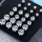 Set of 12 pairs clear crystal ear stud earrings shiny Silver Photo 2