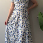 YueXi Floral Blue and White Midi Dress Keyhole Tie Bow Short Sleeve Slit bow EUC Size M Photo 0