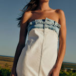 ZARA Strapless Denim Mini Dress Small Blue White Raw Hem Photo 0