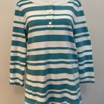 Talbots  Teal Blue White Striped Henley Button Shirt Top Tunic Large Pima‎ Cotton Photo 0