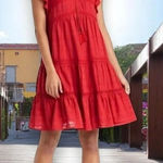 Knox Rose L Red Dress Tiered Cap Sleeves Tassel Tie Closure Pullover Boho Photo 0