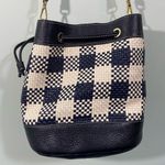Talbots Navy & White Gingham Woven Leather Trim Bucket Crossbody Bag Photo 2