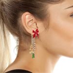 Betsey Johnson  Holiday Metallic Bow Stud Christmas Tree Fringe Drop Earrings Photo 0