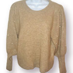CeCe Tan Crew Neck Pearl Knit Embellished Sweater Long Balloon Sleeves S Photo 0