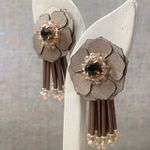 Unique Floral Dark Green Crystal Beaded Tassel Dangle Earrings Boho Artisan Gray Photo 2