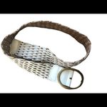 VTG Leather Woven White Bronze Belt Large Oval Brass Buckle Size M Boho Photo 3