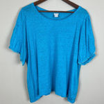 Chico's 3 Top Womens XL Blue Linen Flutter Short Sleeve Fringe Solid Pullover Photo 0