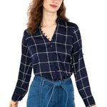 EXPRESS  Portofino Shirt Slim Fit Womens Large‎ Blue Check Ruffle Collar Business Photo 0