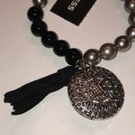 EXPRESS Brand Black Gray Beaded Silver Tone Charm Fringe Stretchy Boho Bracelet Photo 1