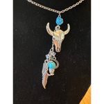 Women's Antique Look Silver Tone Pendant Necklace with Charms, Cow Skull NEW‎ Photo 2