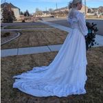 Vintage 70s Victorian Wedding Dress Bridgerton Lace High Neck Illusion Neckline White Size 8 Photo 5