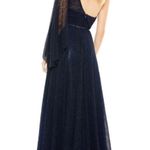 Mac Duggal  One-Shoulder Bell Sleeve Lace Gown Navy blue 11244 size 16 UB Photo 1