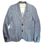 The Korner Paris Blue Pinstripe Weave Tailored Piped Blazer Jacket Red Stitching Size L Photo 0