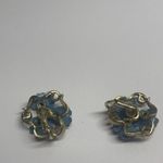Avon Blue Enamel Rhinestone Flower Earrings Gold Tone Scroll Work Clip On Photo 10